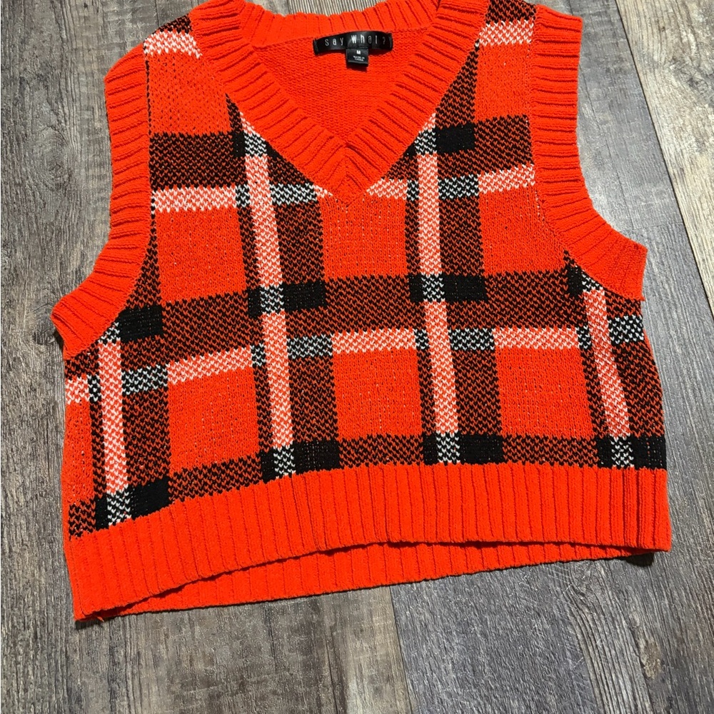 Orange Plaid Knit Vest